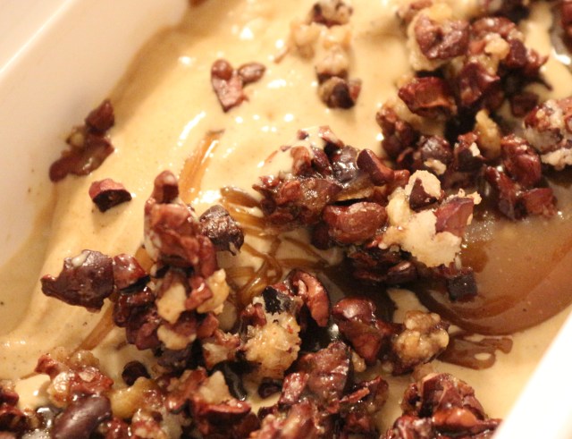 Vietnamese Coffee Ice Cream with Candied Cacao Nibs and Espresso Caramel